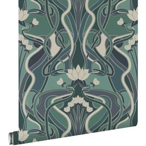 ESTAhome Behang Vintage Bloemen In Art Nouveau Stijl Vergrijsd Groen En Blauw