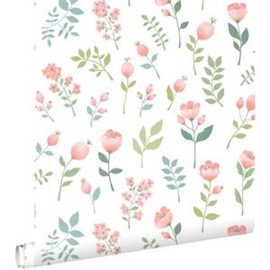 ESTAhome Behang Bloemen Roze En Vergrijsd Groen - 50 X 900 Cm - 139977