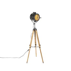 QAZQA Tripod vloerlamp zwart met hout studiospot - Radient