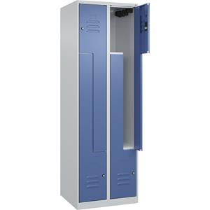 C+P Z-kledingkast Classic PLUS, 2 compartimenten, lichtgrijs / verblauw, b = 600 mm, met voetdoppen, cilinderslot