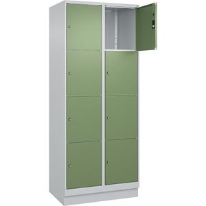 C+P Lockerkast Classic PLUS, 2 compartimenten, lichtgrijs / resedagroen, B 800 mm, 8 vakken, met bodemsokkel