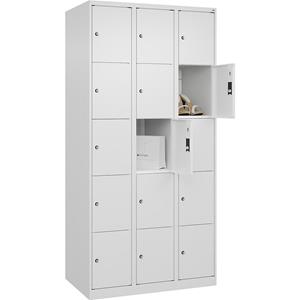 C+P Lockerkast Classic PLUS, 3 compartimenten, verkeerswit, b = 900 mm, 15 vakken, met voetdoppen