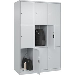 C+P Lockerkast Classic PLUS, 3 compartimenten, lichtgrijs, b = 1200 mm, 9 vakken, met voetdoppen