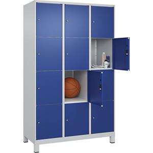 C+P Lockerkast Classic PLUS, 3 compartimenten, lichtgrijs / gentiaanblauw, b = 1200 mm, 12 vakken, met voeten