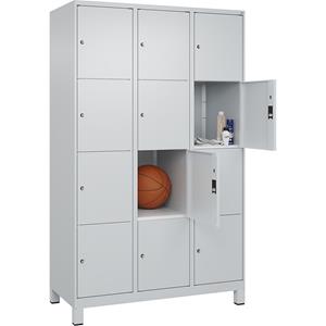 C+P Lockerkast Classic PLUS, 3 compartimenten, lichtgrijs, b = 1200 mm, 12 vakken, met voeten