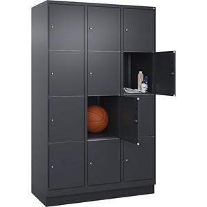 C+P Lockerkast Classic PLUS, 3 compartimenten, grijs, b = 1200 mm, 12 vakken, met bodemsokkel