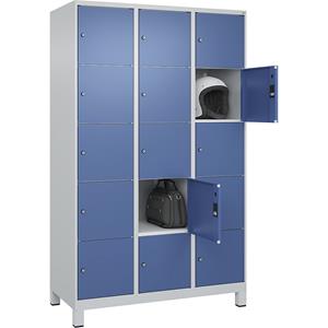 C+P Lockerkast Classic PLUS, 3 compartimenten, lichtgrijs / verblauw, b = 1200 mm, 15 vakken, met voeten