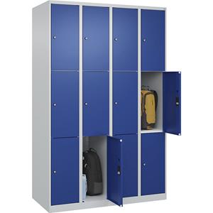 C+P Lockerkast Classic PLUS, 4 compartimenten, lichtgrijs / gentiaanblauw, b = 1200 mm, 12 vakken, met voetdoppen