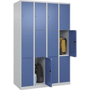 C+P Lockerkast Classic PLUS, 4 compartimenten, lichtgrijs / verblauw, b = 1200 mm, 12 vakken, met voetdoppen