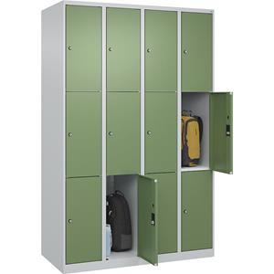 C+P Lockerkast Classic PLUS, 4 compartimenten, lichtgrijs / resedagroen, b = 1200 mm, 12 vakken, met voetdoppen