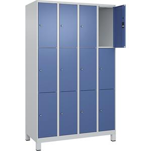 C+P Lockerkast Classic PLUS, 4 compartimenten, lichtgrijs / verblauw, b = 1200 mm, 12 vakken, met voeten