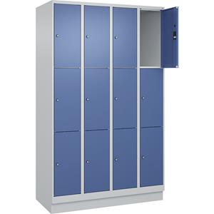 C+P Lockerkast Classic PLUS, 4 compartimenten, lichtgrijs / verblauw, b = 1200 mm, 12 vakken, met bodemsokkel