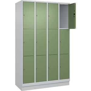 C+P Lockerkast Classic PLUS, 4 compartimenten, lichtgrijs / resedagroen, b = 1200 mm, 12 vakken, met bodemsokkel