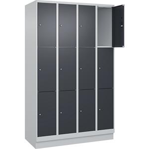 C+P Lockerkast Classic PLUS, 4 compartimenten, lichtgrijs / grijs, b = 1200 mm, 12 vakken, met bodemsokkel