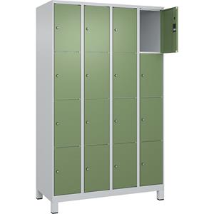 C+P Lockerkast Classic PLUS, 4 compartimenten, lichtgrijs / resedagroen, b = 1200 mm, 16 vakken, met voeten