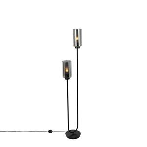 QAZQA Art Deco Vloerlamp Zwart Met Smoke Glas 2-lichts - Laura