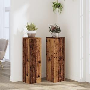 VidaXL Plantenstandaards 2 st 25x25x80 cm bewerkt hout oud houtkleurig