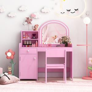 Costway Kaptafel en Stoelenset voor Kinderen Make-Upspeelset met Planken Houten Kaptafelset met Tweekleurige Led-Verlichting Roze