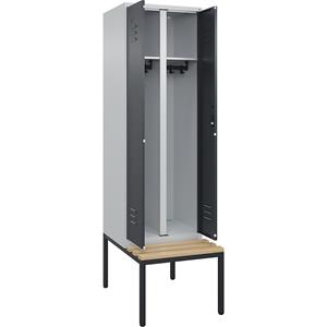 C+P Zwart-witte kledingkast Classic PLUS met zitbank, 1 compartiment, lichtgrijs / grijs, b = 600 mm, cilinderslot, ondergebouwd, beuken-hardhout