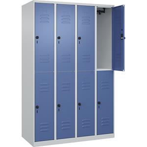 C+P Kledingkast Classic PLUS met twee verdiepingen, 4 compartimenten, lichtgrijs / verblauw, h x b = 1850 x 1200 mm, met voetdoppen, draaigrendel