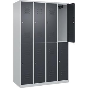 C+P Kledingkast Classic PLUS met twee verdiepingen, 4 compartimenten, lichtgrijs / grijs, h x b = 1850 x 1200 mm, met voetdoppen, cilinderslot