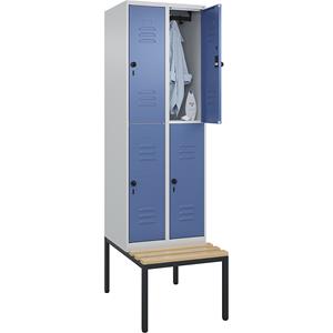 C+P Kledingkast Classic PLUS met twee verdiepingen en zitbank, 2 compartimenten, lichtgrijs / verblauw, b = 600 mm, veiligheidsdraaigrendel, ondergebouwd, beuken-hardhout