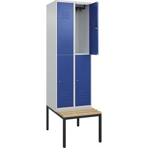 C+P Kledingkast Classic PLUS met twee verdiepingen en zitbank, 2 compartimenten, lichtgrijs / gentiaanblauw, b = 600 mm, cilinderslot, ondergebouwd, beuken-hardhout