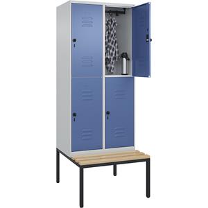 C+P Kledingkast Classic PLUS met twee verdiepingen en zitbank, 2 compartimenten, lichtgrijs / verblauw, b = 800 mm, veiligheidsdraaigrendel, ondergebouwd, beuken-hardhout