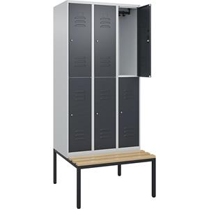 C+P Kledingkast Classic PLUS met twee verdiepingen en zitbank, 3 compartimenten, lichtgrijs / grijs, b = 900 mm, cilinderslot, ondergebouwd, beuken-hardhout