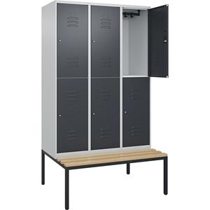 C+P Kledingkast Classic PLUS met twee verdiepingen en zitbank, 3 compartimenten, lichtgrijs / grijs, b = 1200 mm, cilinderslot, ondergebouwd, beuken-hardhout