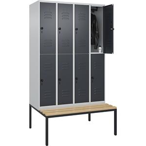 C+P Kledingkast Classic PLUS met twee verdiepingen en zitbank, 4 compartimenten, lichtgrijs / grijs, b = 1200 mm, veiligheidsdraaigrendel, ondergebouwd, beuken-hardhout