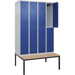 C+P Kledingkast Classic PLUS met twee verdiepingen en zitbank, 4 compartimenten, lichtgrijs / gentiaanblauw, b = 1200 mm, cilinderslot, ondergebouwd, beuken-hardhout