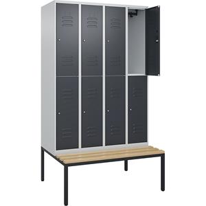 C+P Kledingkast Classic PLUS met twee verdiepingen en zitbank, 4 compartimenten, lichtgrijs / grijs, b = 1200 mm, cilinderslot, ondergebouwd, beuken-hardhout