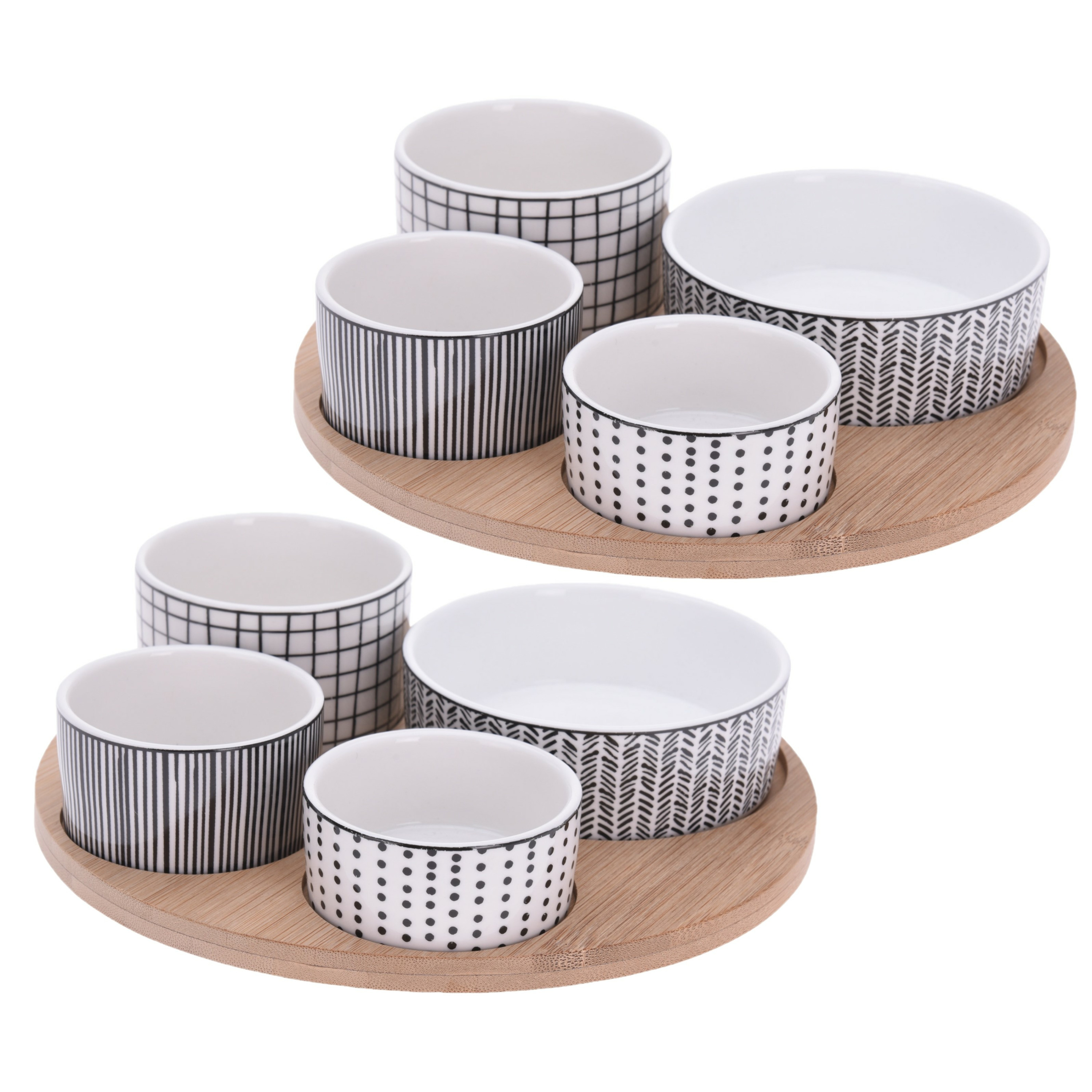 Excellent Houseware Set van 2x stuks serveerplanken bamboe dia 22 cm met 8x luxe hapjes/saus/tapas porselein schaaltjes -