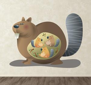 Tenstickers Sticker moeder bever met drie baby bevers