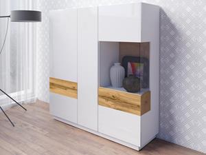 Mobistoxx Hoge commode SILAC 3 portes blanc/wotan eik met verlichting