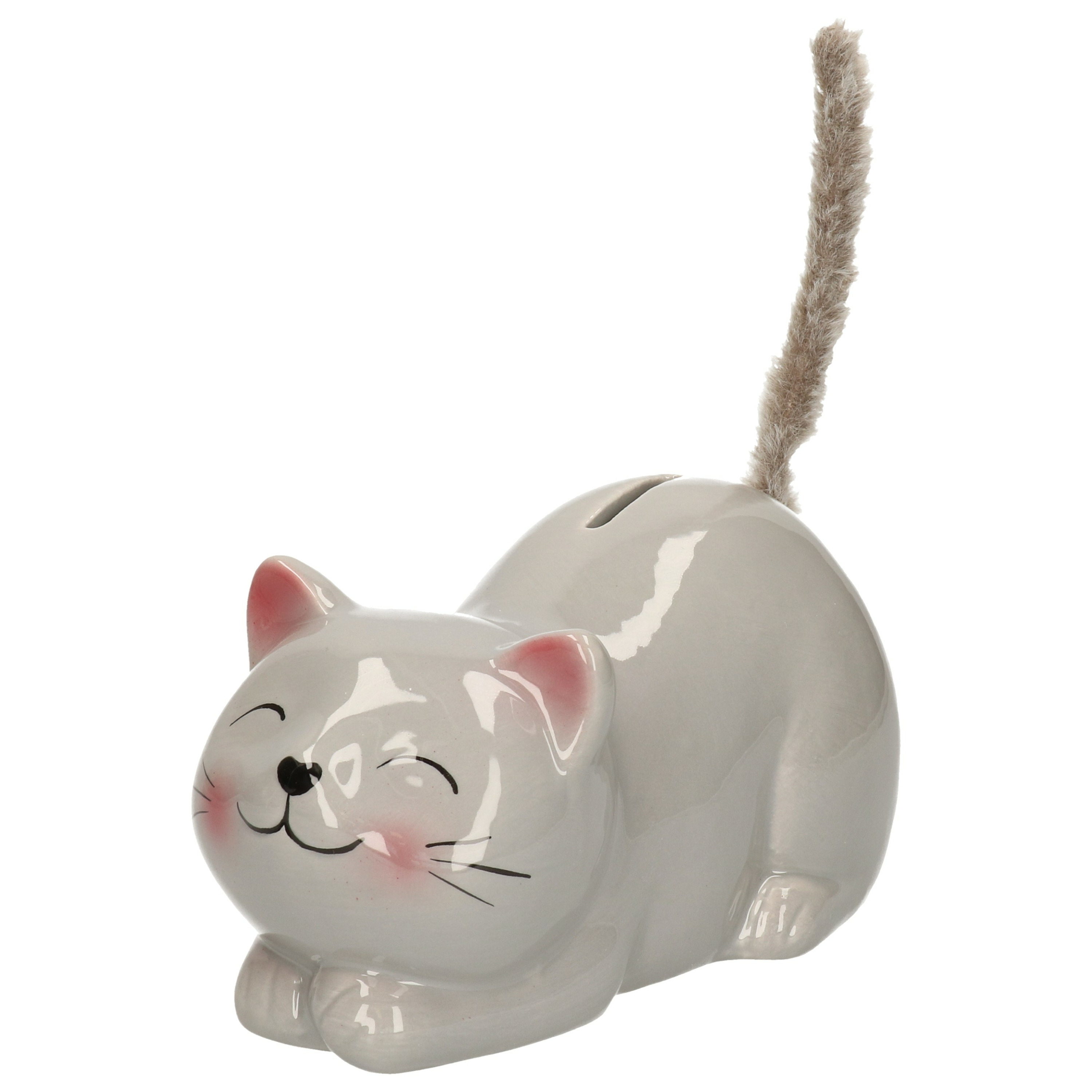 Merkloos Dieren spaarpot voor kind/volwassenen katje/poes - Keramiek - grijs - 19 x 9 cm -