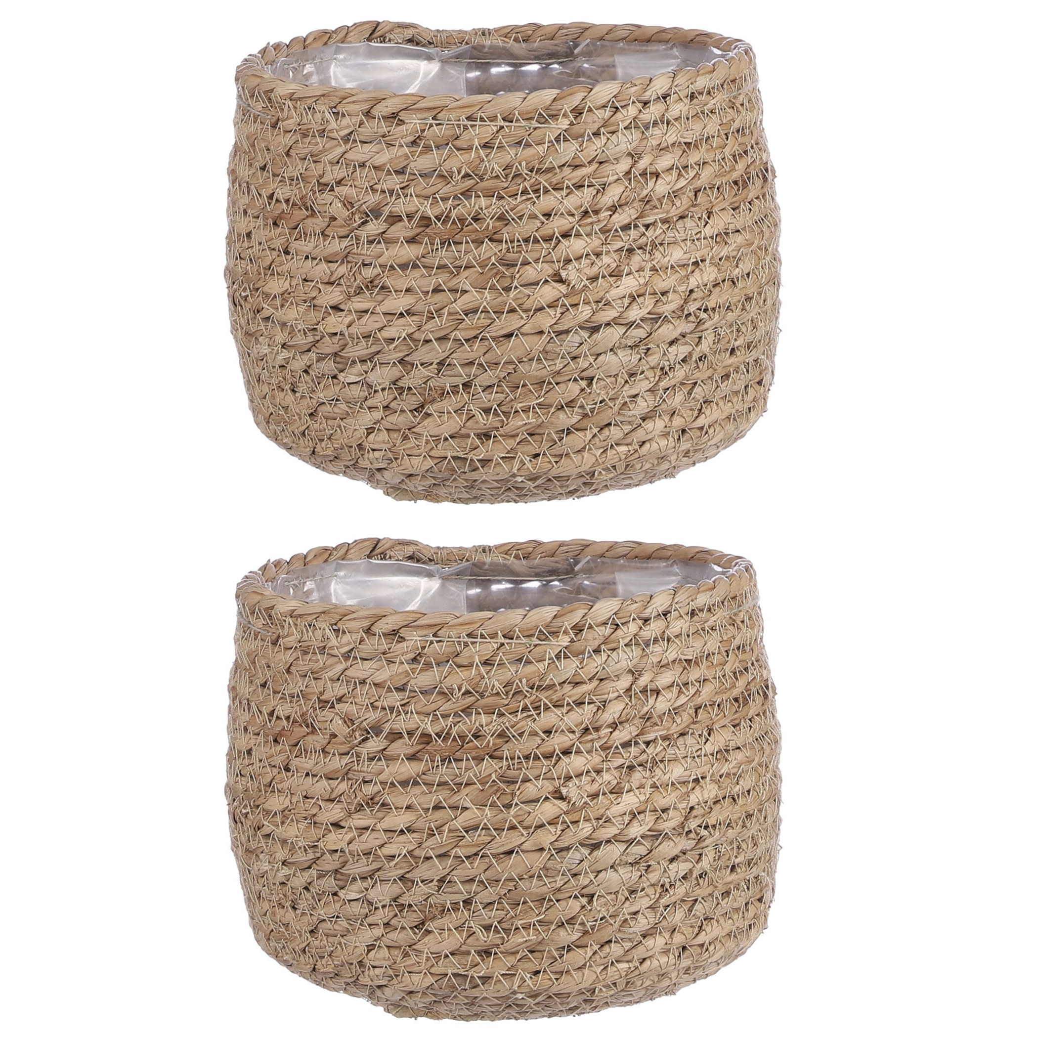 Mica Decorations 2x stuks naturel beige rotan planten pot mand van gedraaid jute/riet H15 en D18 cm -