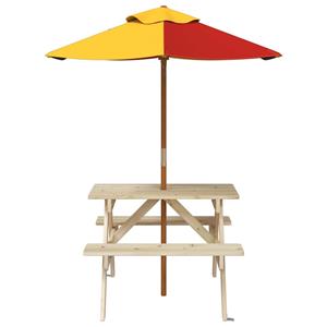 vidaXL Picknicktafel voor 4 kinderen met parasol massief vurenhout