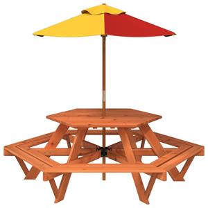 vidaXL Picknicktafel voor 4 kinderen met parasol zeshoekig vurenhout