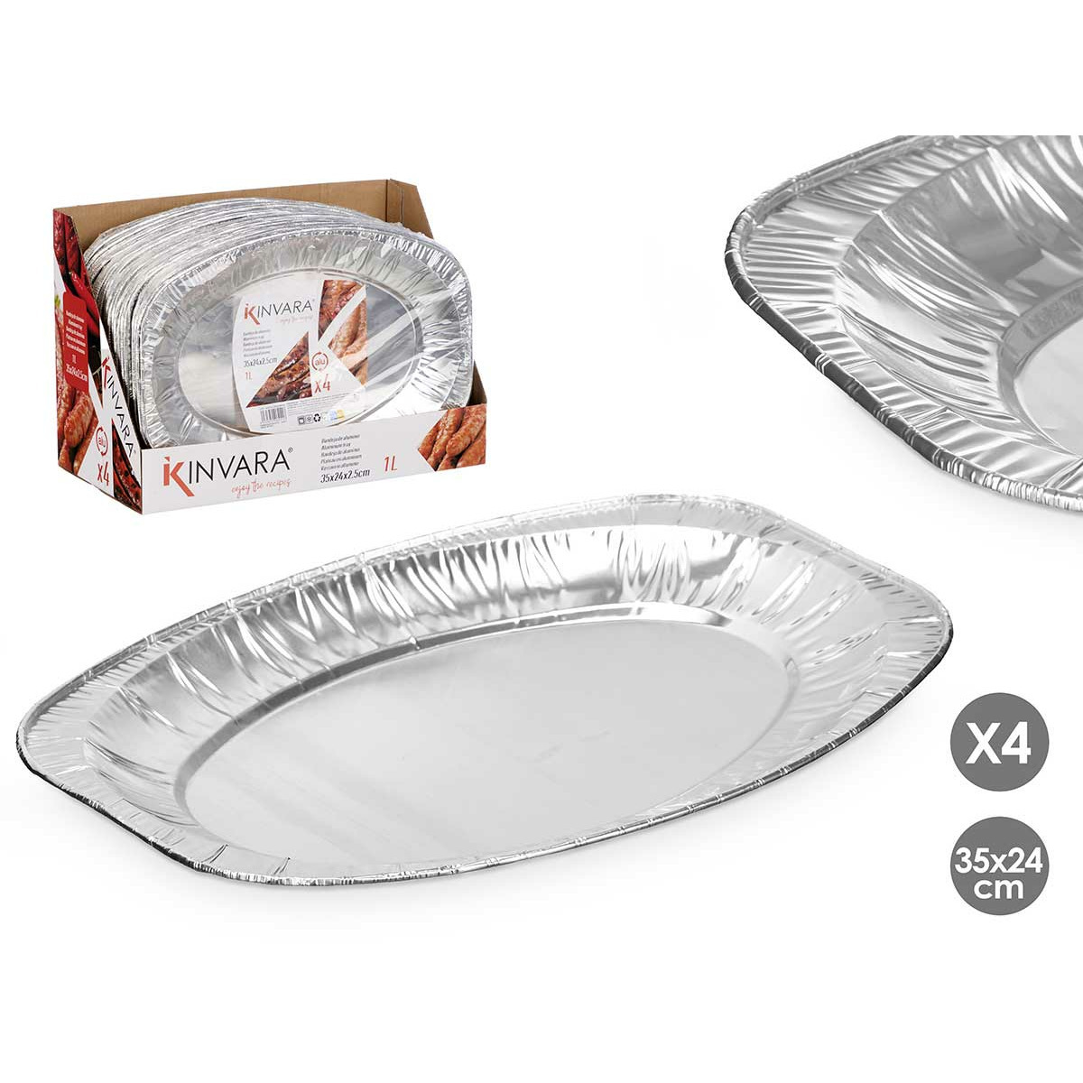 Kinvara Aluminium BBQ/verjaardag/hapjes serveerschalen - zilver - 4x stuks - 35 x 24 cm - wegwerp -