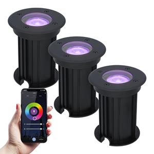 HOFTRONIC™ 3x Maisy dimbare LED grondspot - Rond - Zwart -RGBWW - 5.5 Watt - WiFi & Bluetooth - IP67 straal waterdicht - 3 jaar garantie