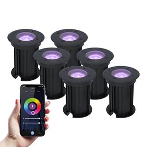 HOFTRONIC™ 6x Maisy dimbare LED grondspot - Rond - Zwart - RGBWW - 5.5 Watt - WiFi & Bluetooth - IP67 straal waterdicht - 3 jaar garantie