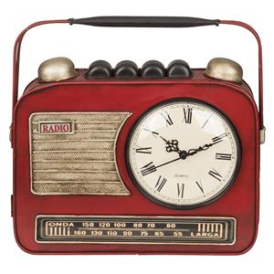 Out of the blue Sleutelkastje en klok - retro radio - metaal - rood - 22 x 19 cm -