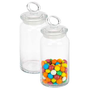 Pasabahce Snoeppot/voorraadpot met luchtdichte sierlijke deksel - 2x - voedsel - glas - 860 ml - D10 x H19 cm -