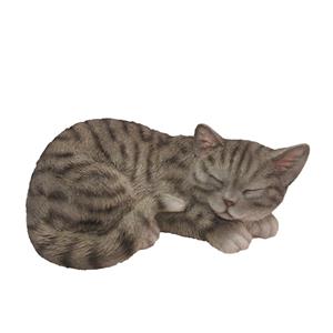 Merkloos Dierenbeeld slapende kat/poes - grijs - 28 x 19 cm - polystone - katten - buiten en binnen -