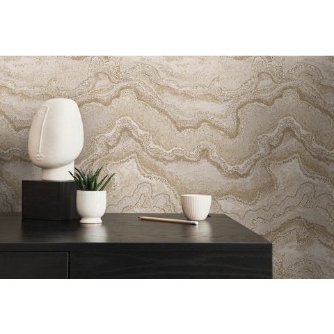 Living walls Vliesbehang Stories of Life Malachit Marmoroptik Vliestapete Beige Gold (1 stuk)