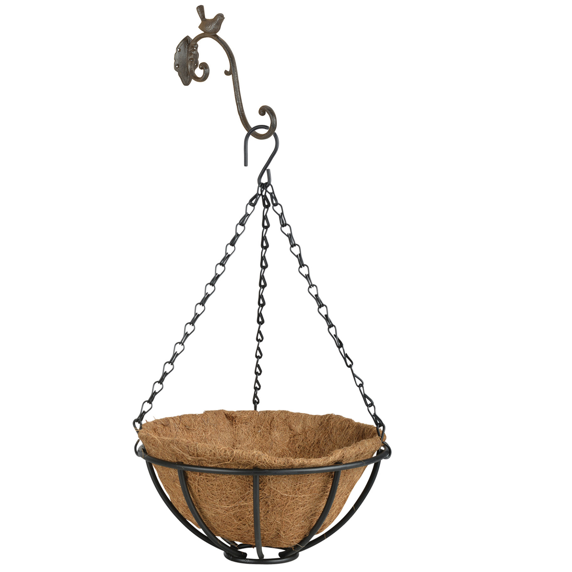 Esschert Design Hanging basket 25 cm met ijzeren muurhaak en kokos inlegvel -