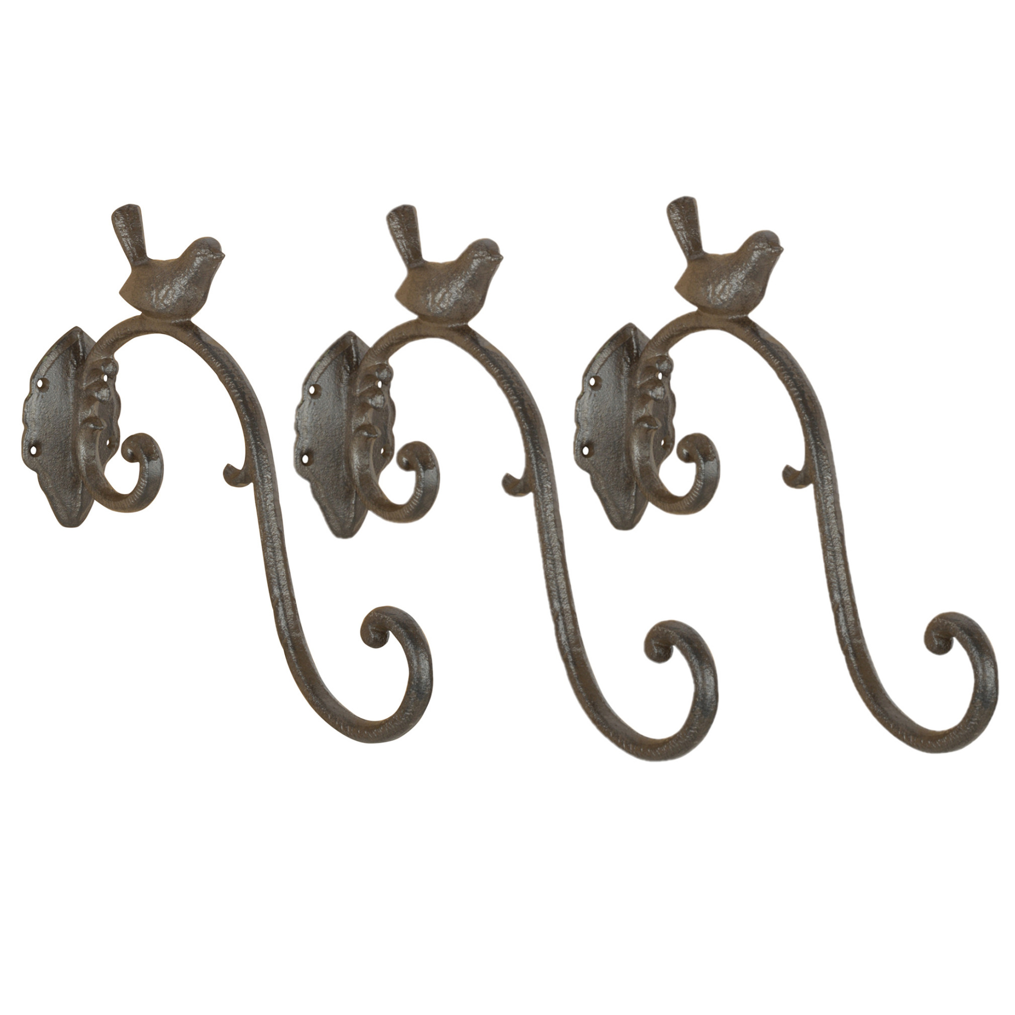 Esschert Design 3x stuks muurhaken met dubbele sierkrul vogel 27 x 24 - gietijzer - hanging basket haak -