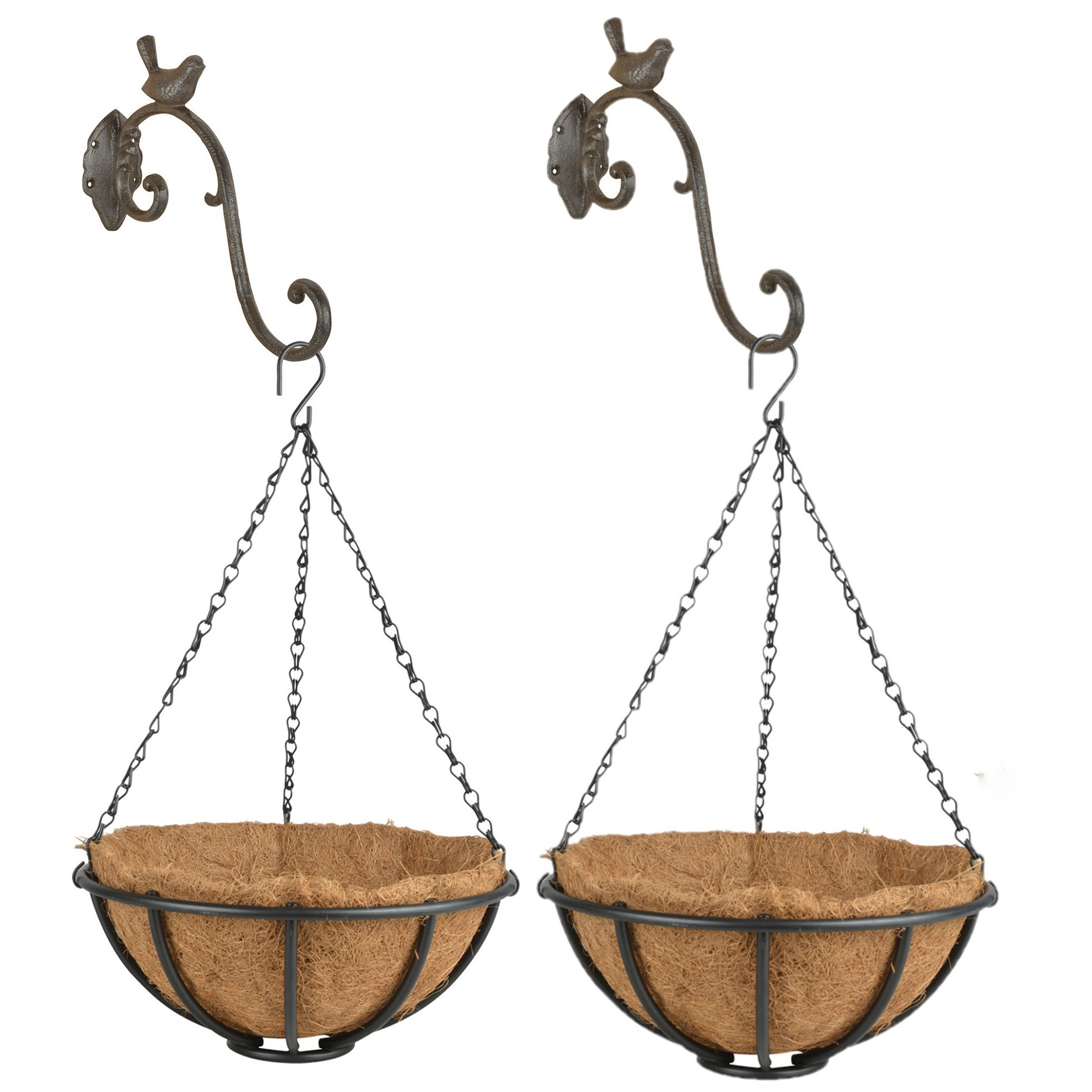 Esschert Design Set van 2x stuks Hanging baskets 30 cm van metaal met ijzeren muurhaken - complete hangmand set -